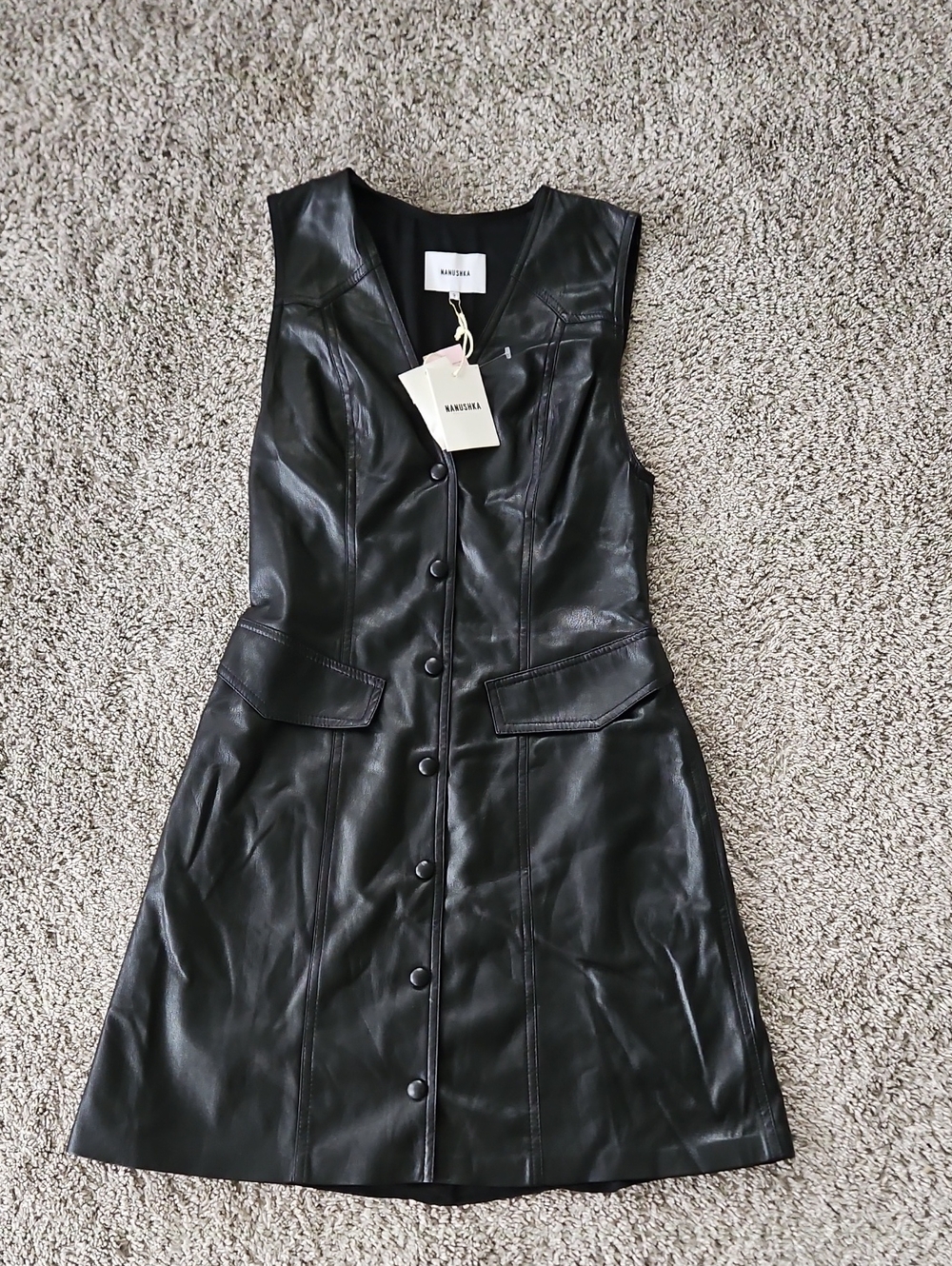 Nwt Nanushka Black Vegan Leather Button-Front Mini Dress S
